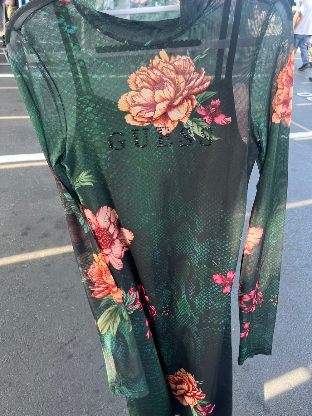 Guess Sheer Long-Sleeve Mesh Dress with Floral Print in Green and Pink